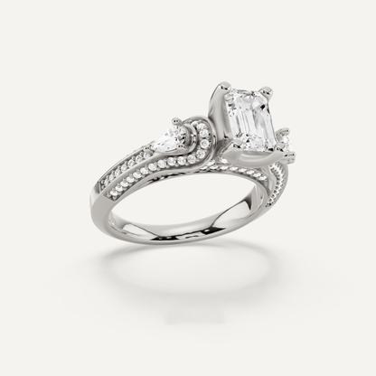1 2/3 ctw Emerald Diamond Vinatge Inspired Three Stone Engagement Ring - Lotus Diamond