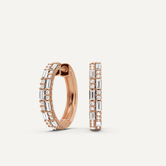 1 ctw Baguette and Round Diamond Alternate Double Row Hoop Earrings - Lotus Diamond