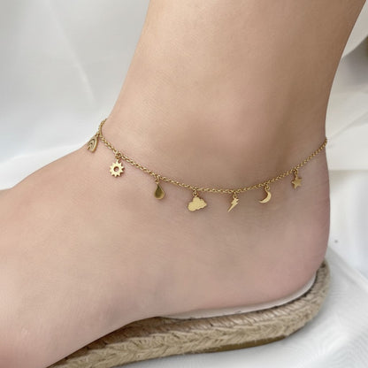 14K Gold Celestial Charm Anklet Solid Gold Charm Anklet for Women - Lotus Diamond
