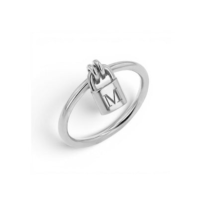 14K Gold Engravable Initial Padlock Ring Personalized Letter Ring - Lotus Diamond