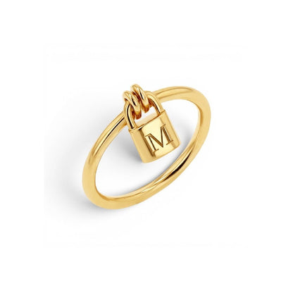 14K Gold Engravable Initial Padlock Ring Personalized Letter Ring - Lotus Diamond