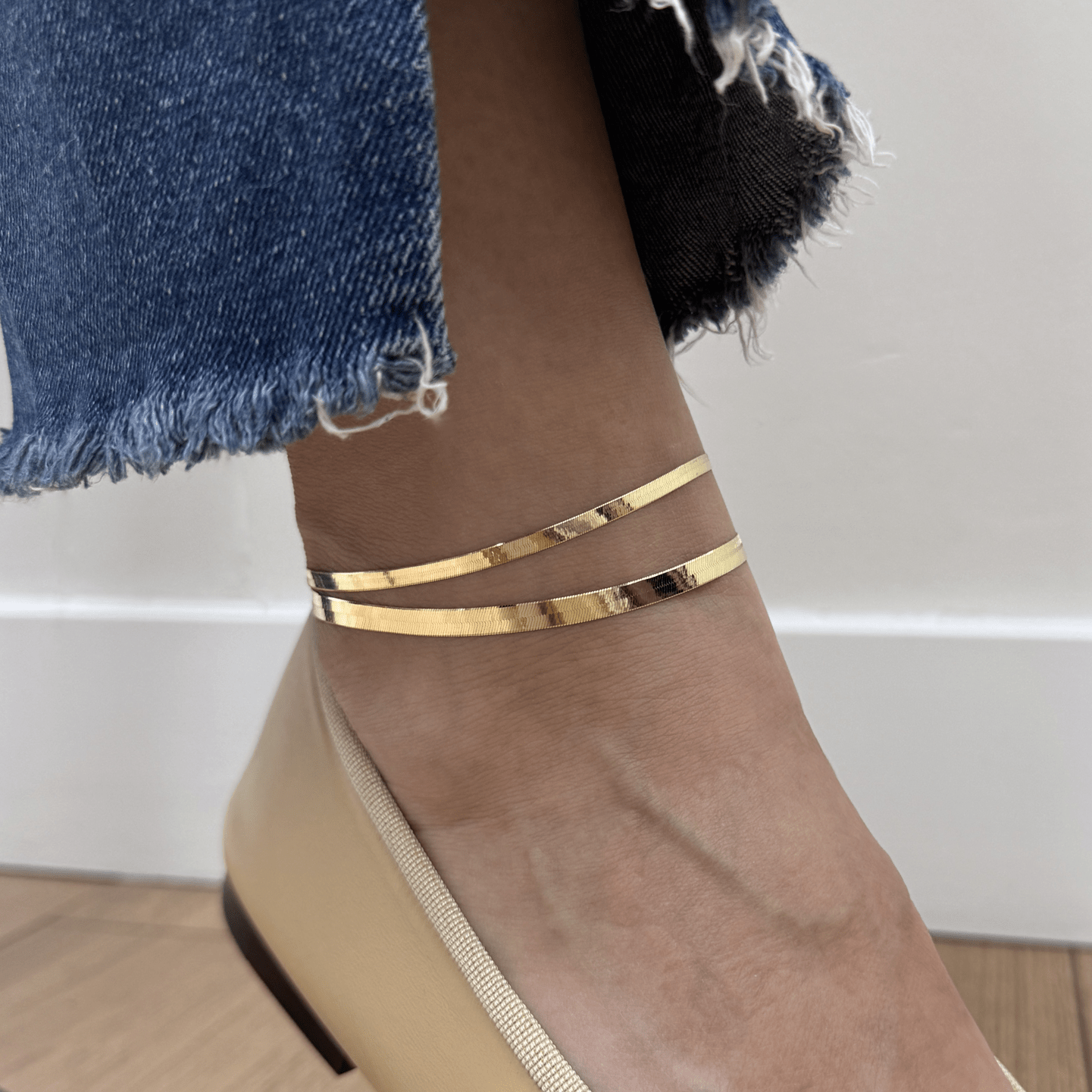 14K Gold Grand Herringbone Anklet 5mm - Lotus Diamond
