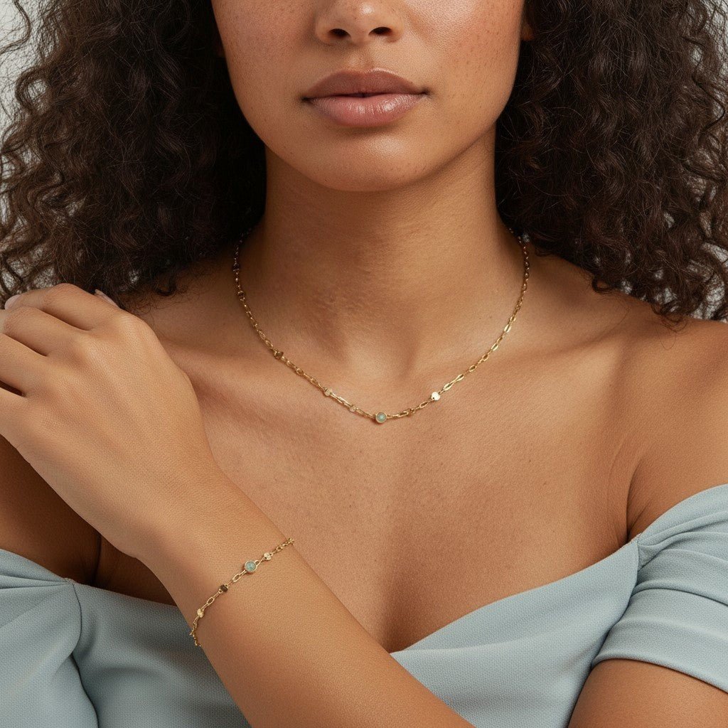 14K Gold Opal Sequin Chain Necklace White Opal Pendant Necklace for Women - Lotus Diamond