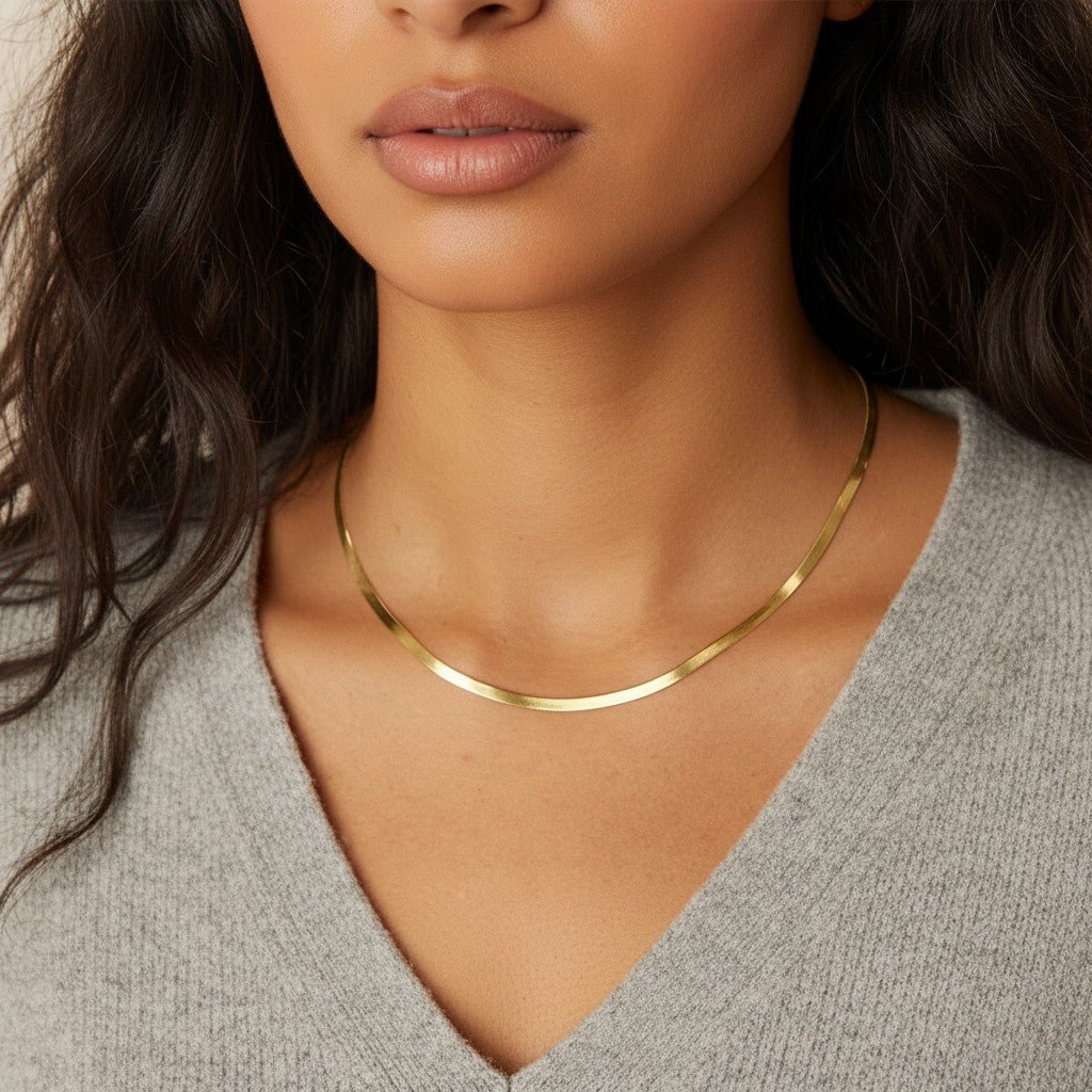 14K Gold Thin Herringbone Necklace 3mm - Lotus Diamond
