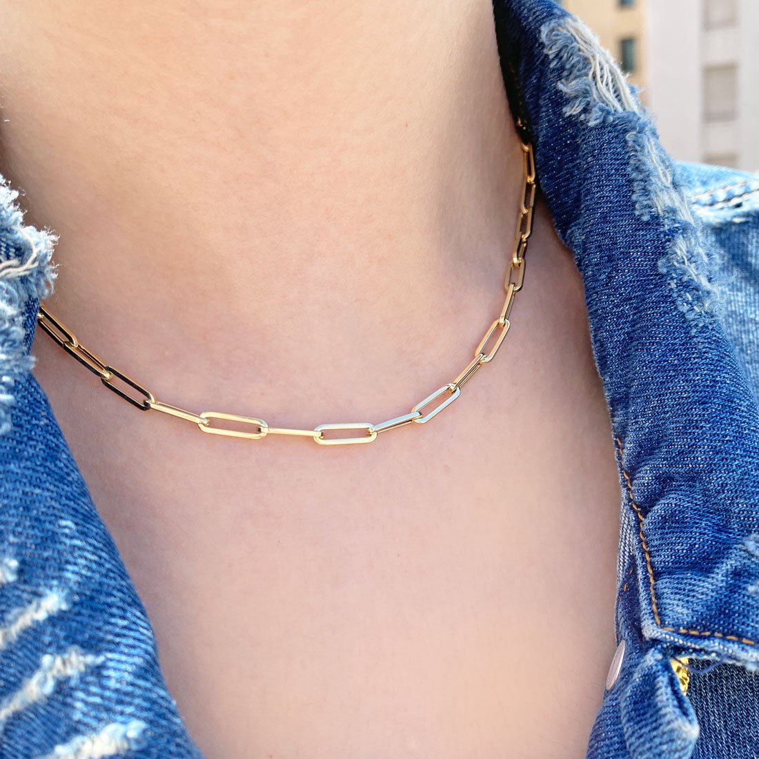 14K Paper Clip Chain Necklace - Lotus Diamond