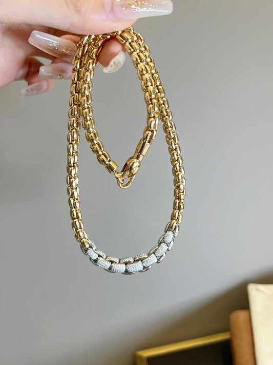 18k gold INS Street style gold chain two - tone stretch diamond necklace - Lotus Diamond