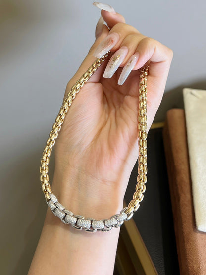 18k gold INS Street style gold chain two - tone stretch diamond necklace - Lotus Diamond