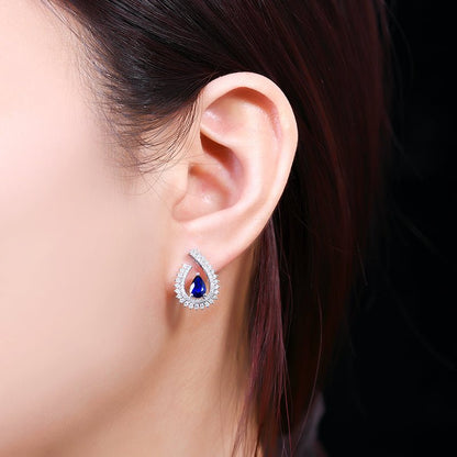 18K gold Natural Sri Lankan Royal Blue Sapphire earrings - drop style - Lotus Diamond