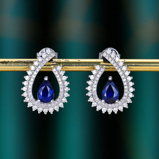18K gold Natural Sri Lankan Royal Blue Sapphire earrings - drop style - Lotus Diamond
