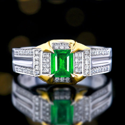18k gold natural Vivid green emerald ring for men - Lotus Diamond