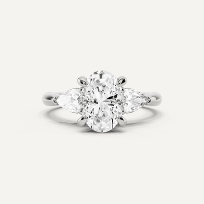 2 1/10 ctw Oval Diamond Hidden Halo Engagement Ring with Pear Side Stones - Lotus Diamond