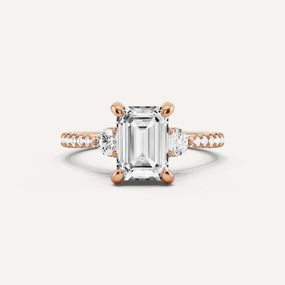 2 ctw Emerald Diamond Three Stone Hidden Halo Engagement Ring with Side Accent - Lotus Diamond