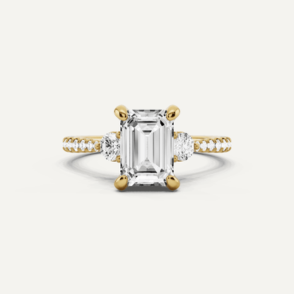 2 ctw Emerald Diamond Three Stone Hidden Halo Engagement Ring with Side Accent - Lotus Diamond