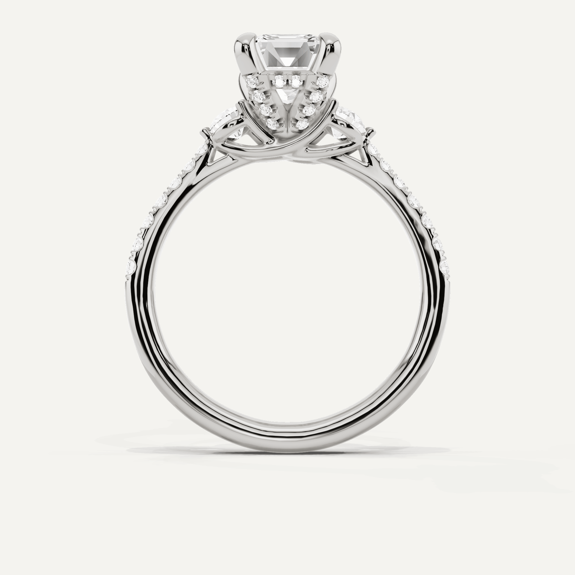 2 ctw Emerald Diamond Three Stone Hidden Halo Engagement Ring with Side Accent - Lotus Diamond