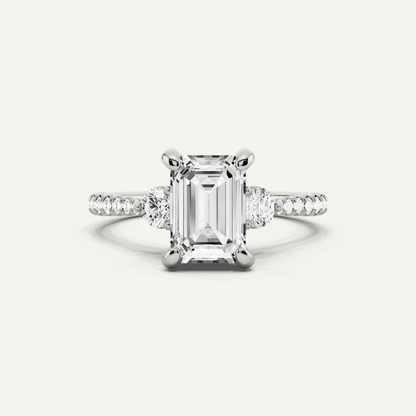 2 ctw Emerald Diamond Three Stone Hidden Halo Engagement Ring with Side Accent - Lotus Diamond