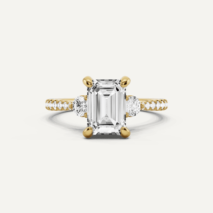 2 ctw Emerald Diamond Three Stone Hidden Halo Engagement Ring with Side Accent - Lotus Diamond