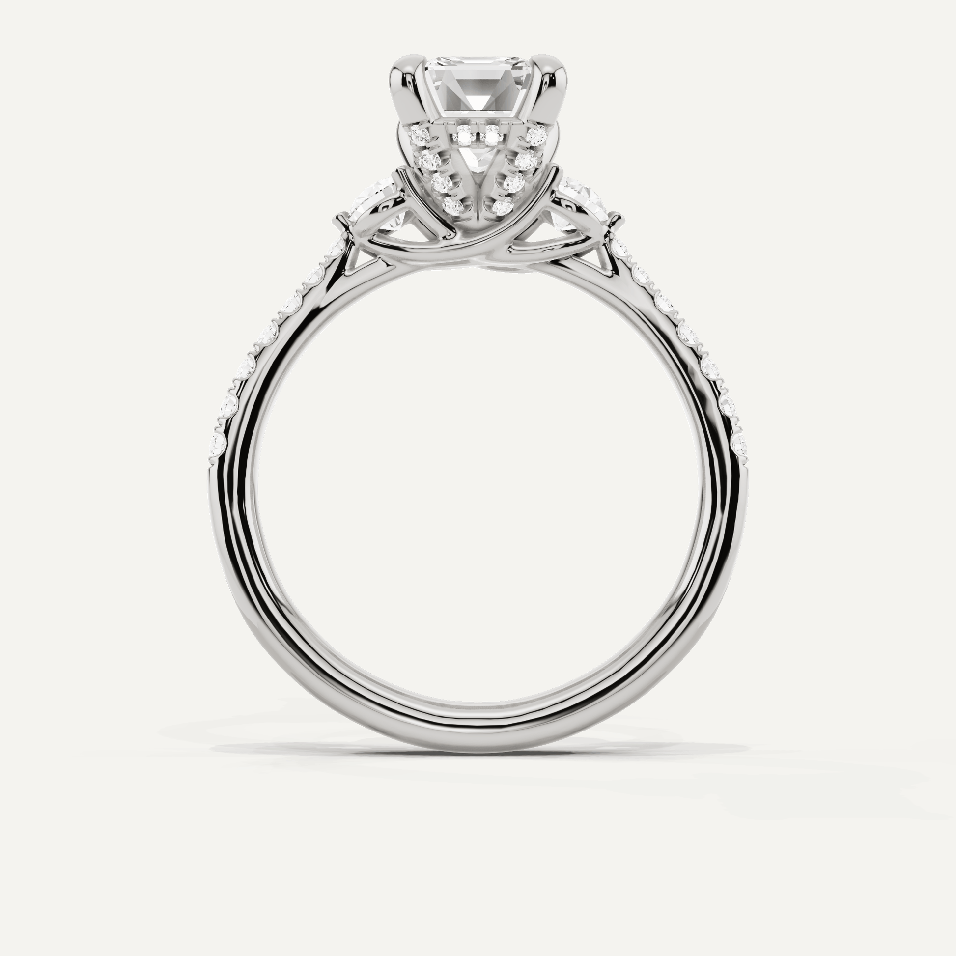 2 ctw Emerald Diamond Three Stone Hidden Halo Engagement Ring with Side Accent - Lotus Diamond
