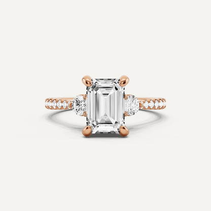 2 ctw Emerald Diamond Three Stone Hidden Halo Engagement Ring with Side Accent - Lotus Diamond