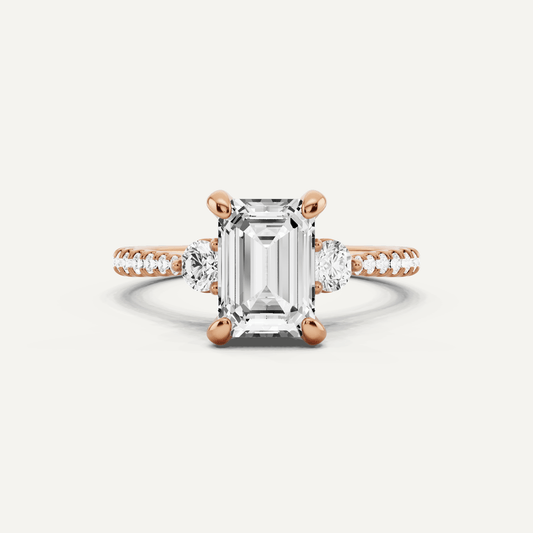 2 ctw Emerald Diamond Three Stone Hidden Halo Engagement Ring with Side Accent - Lotus Diamond