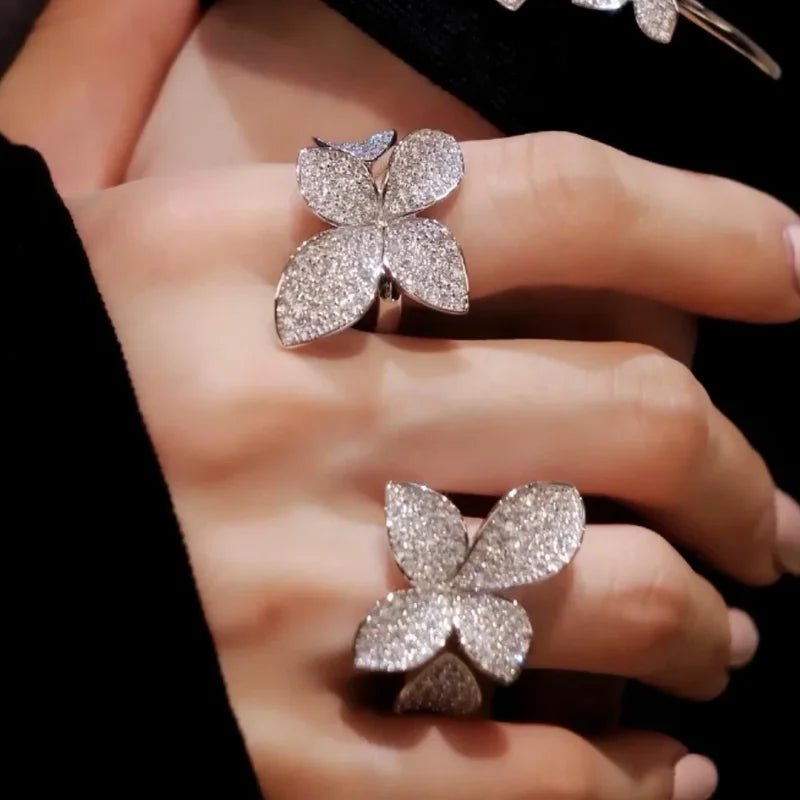925 Silver Zircon White Full Diamond Flower Necklace Earrings Rings Bracelets Luxury Wedding Party Jewelry Set - Lotus Diamond