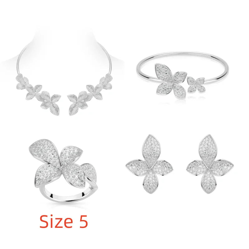 925 Silver Zircon White Full Diamond Flower Necklace Earrings Rings Bracelets Luxury Wedding Party Jewelry Set - Lotus Diamond