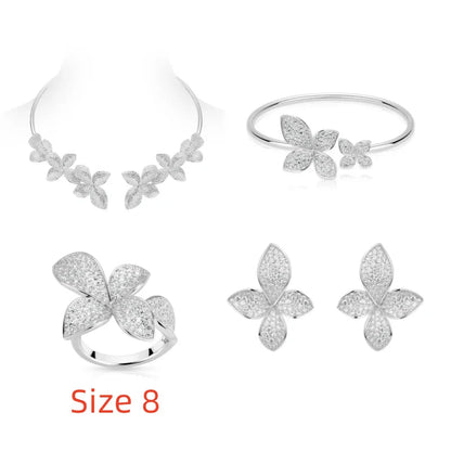 925 Silver Zircon White Full Diamond Flower Necklace Earrings Rings Bracelets Luxury Wedding Party Jewelry Set - Lotus Diamond