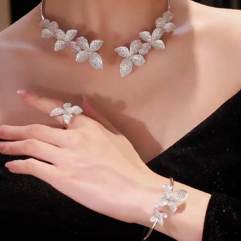 925 Silver Zircon White Full Diamond Flower Necklace Earrings Rings Bracelets Luxury Wedding Party Jewelry Set - Lotus Diamond