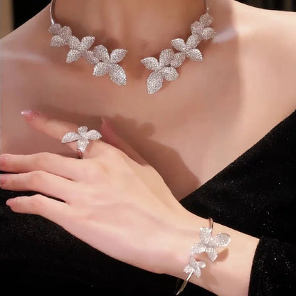 925 Silver Zircon White Full Diamond Flower Necklace Earrings Rings Bracelets Luxury Wedding Party Jewelry Set - Lotus Diamond