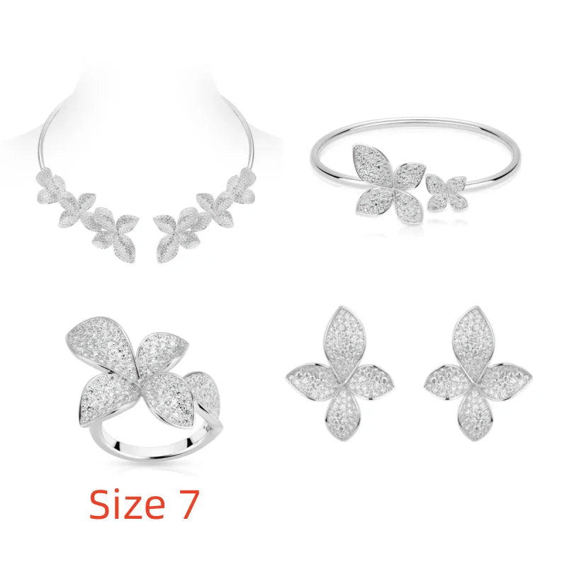 925 Silver Zircon White Full Diamond Flower Necklace Earrings Rings Bracelets Luxury Wedding Party Jewelry Set - Lotus Diamond