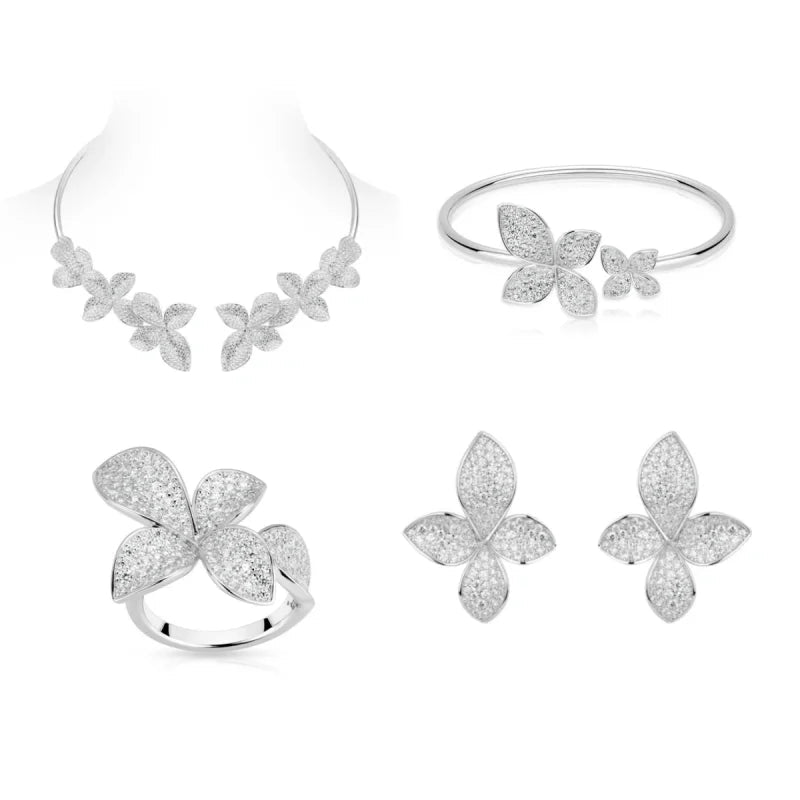 925 Silver Zircon White Full Diamond Flower Necklace Earrings Rings Bracelets Luxury Wedding Party Jewelry Set - Lotus Diamond