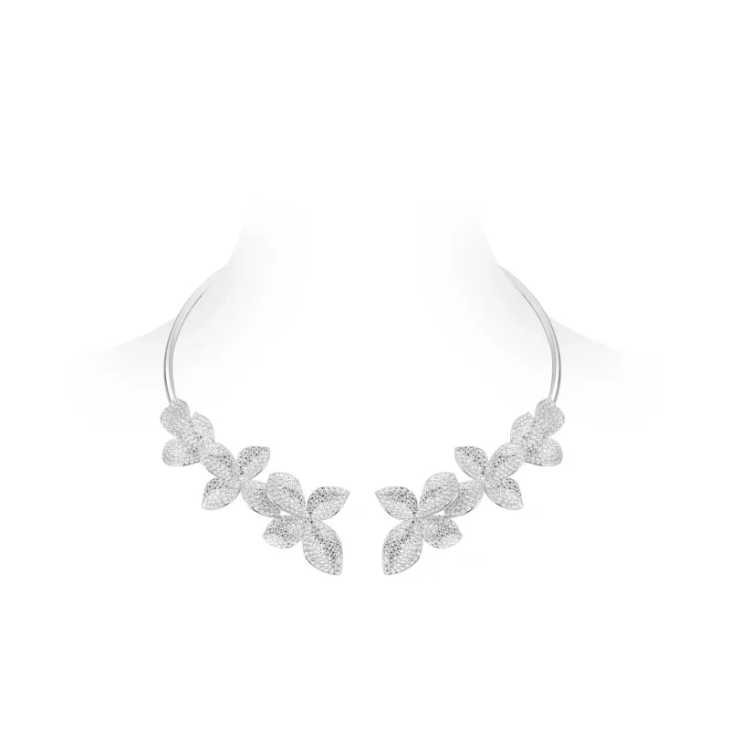 925 Silver Zircon White Full Diamond Flower Necklace Earrings Rings Bracelets Luxury Wedding Party Jewelry Set - Lotus Diamond