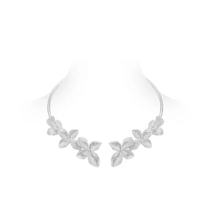 925 Silver Zircon White Full Diamond Flower Necklace Earrings Rings Bracelets Luxury Wedding Party Jewelry Set - Lotus Diamond