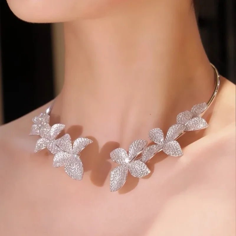 925 Silver Zircon White Full Diamond Flower Necklace Earrings Rings Bracelets Luxury Wedding Party Jewelry Set - Lotus Diamond