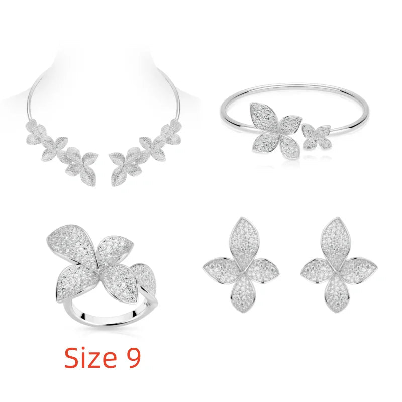 925 Silver Zircon White Full Diamond Flower Necklace Earrings Rings Bracelets Luxury Wedding Party Jewelry Set - Lotus Diamond