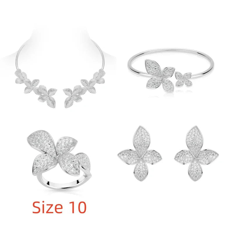 925 Silver Zircon White Full Diamond Flower Necklace Earrings Rings Bracelets Luxury Wedding Party Jewelry Set - Lotus Diamond