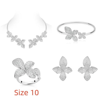 925 Silver Zircon White Full Diamond Flower Necklace Earrings Rings Bracelets Luxury Wedding Party Jewelry Set - Lotus Diamond