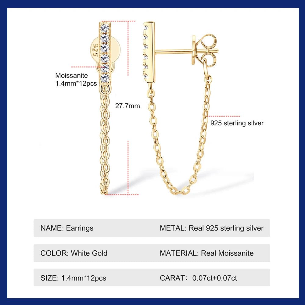 925 Sterling Silver Long Chain Stud Earrings 1.4mm Full Moissanite Diamond Earring for Women Trending Jewelry Gift 2023 - Lotus Diamond