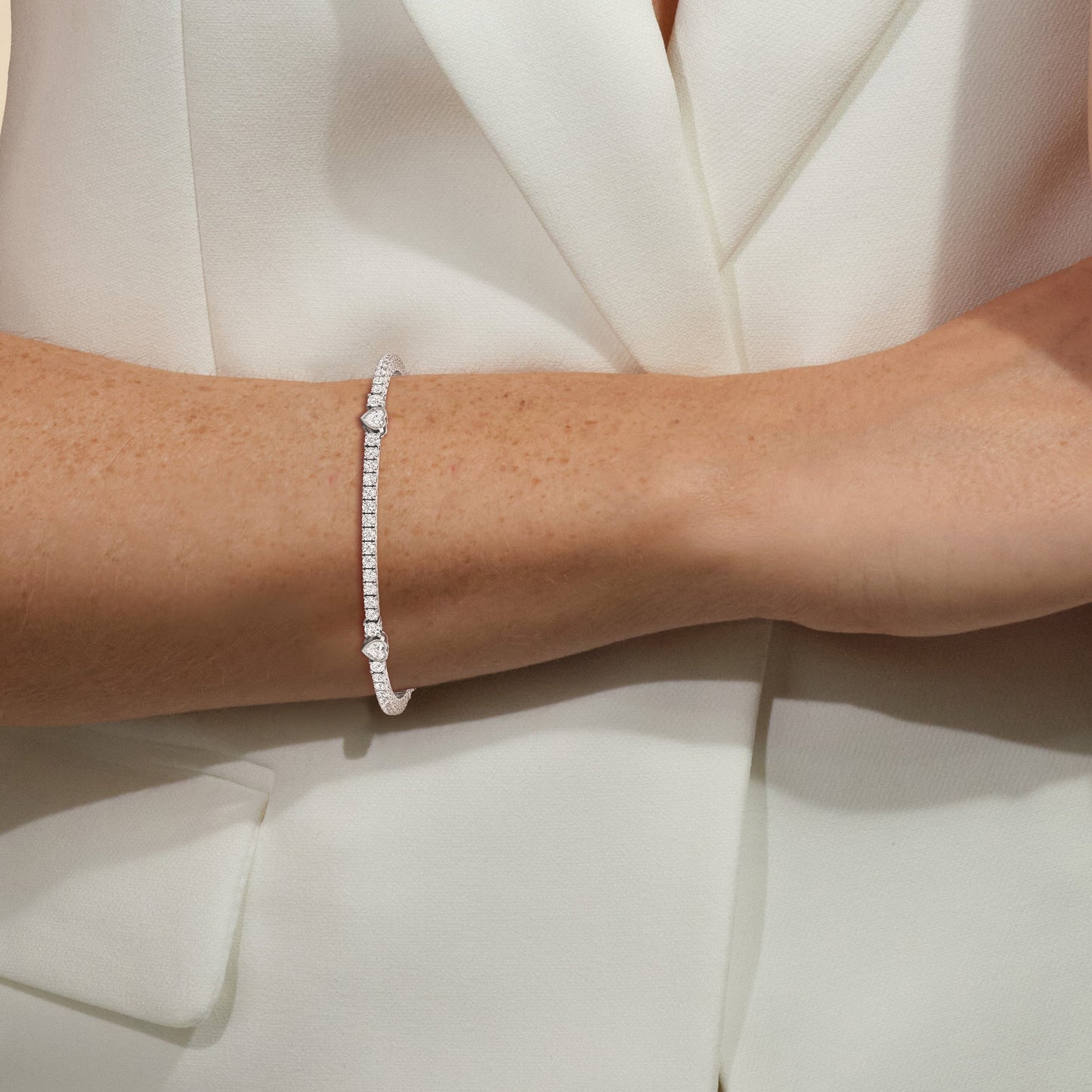 Bezeled Heart Station with Round Diamonds Tennis Bracelet