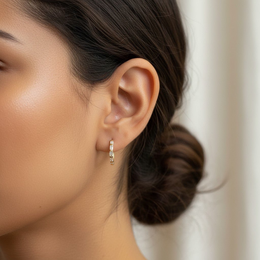 Baguette Huggies Hoop Earrings - Lotus Diamond