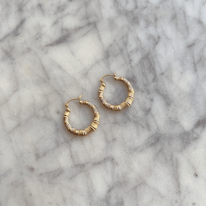 Bamboo Hoop Earrings - Lotus Diamond