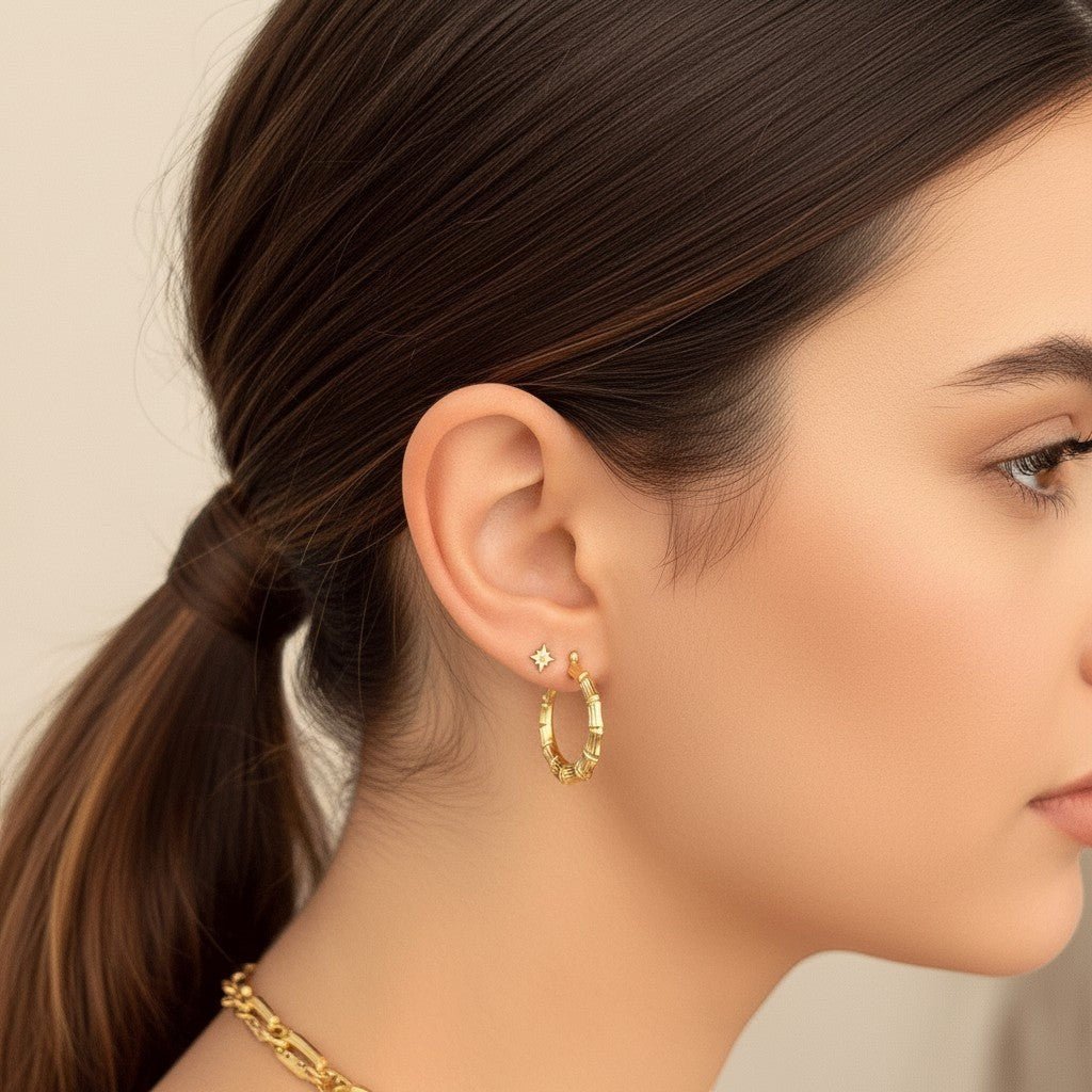 Bamboo Hoop Earrings - Lotus Diamond