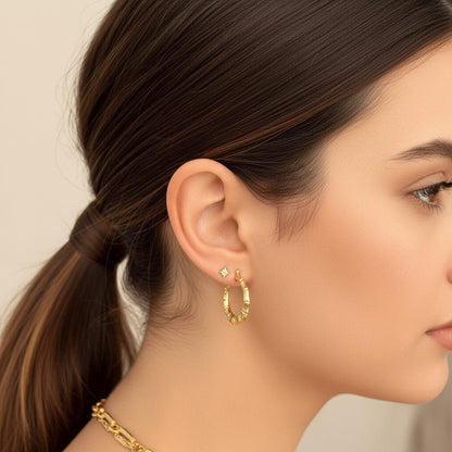 Bamboo Hoop Earrings - Lotus Diamond
