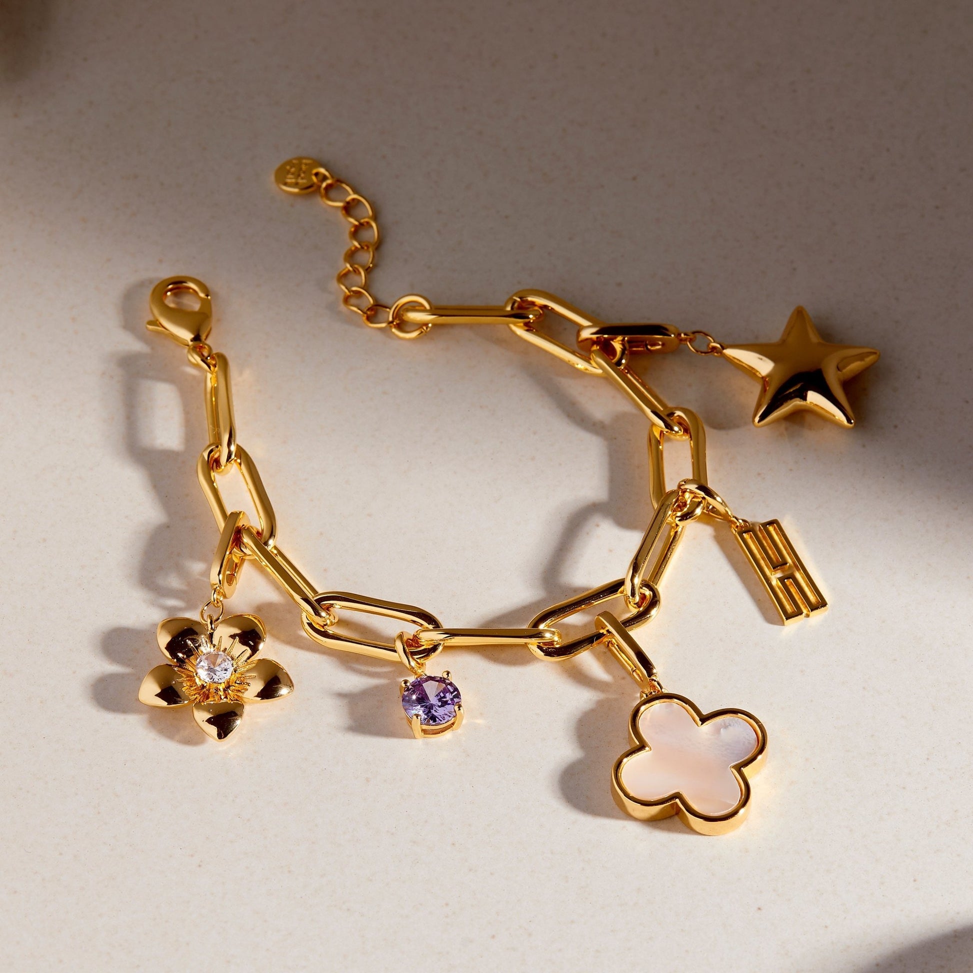 Cami Birthstone Initial Charm Bracelet - Lotus Diamond