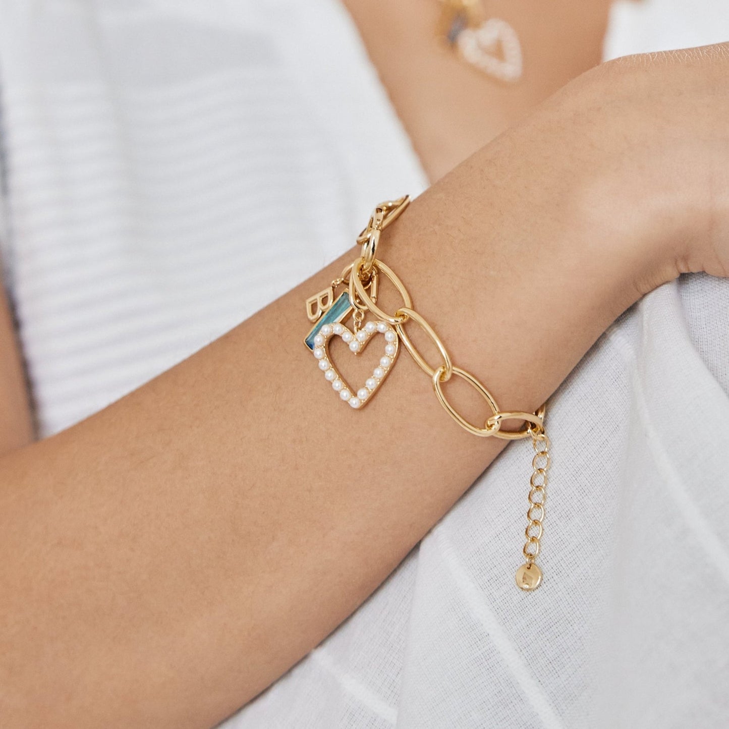 Cami Birthstone Initial Pearl Heart Charm Bracelet - Lotus Diamond