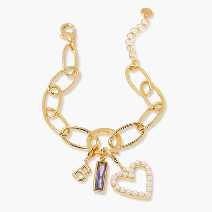 Cami Birthstone Initial Pearl Heart Charm Bracelet - Lotus Diamond