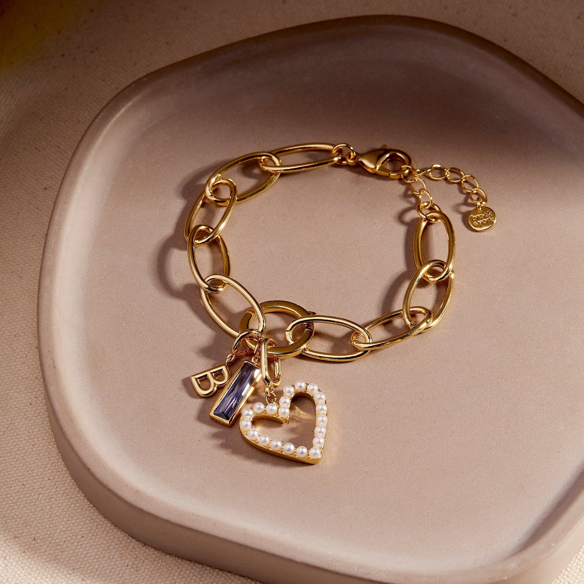 Cami Birthstone Initial Pearl Heart Charm Bracelet - Lotus Diamond