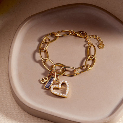 Cami Birthstone Initial Pearl Heart Charm Bracelet - Lotus Diamond