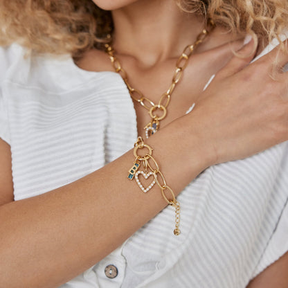 Cami Birthstone Initial Pearl Heart Charm Bracelet - Lotus Diamond
