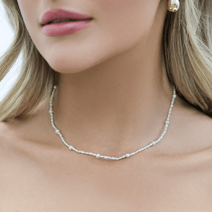 Dainty Pearl Station Necklace - Lotus Diamond