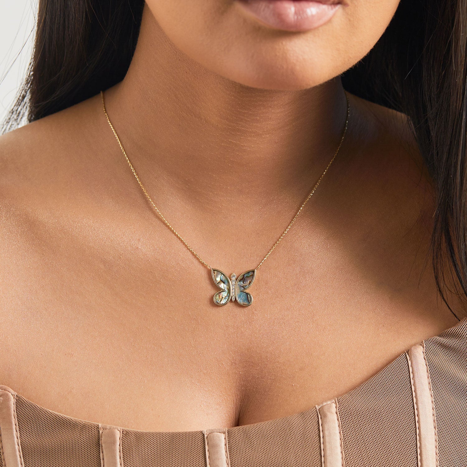 Diamond Abalone Inlay Butterfly Necklace - Lotus Diamond
